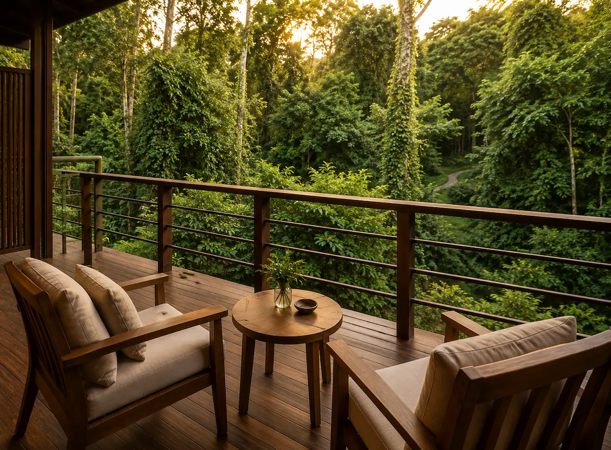 Balcón de la habitación Premium vista a la selva con juego de sillas y una mesita - Hotel Yaguas