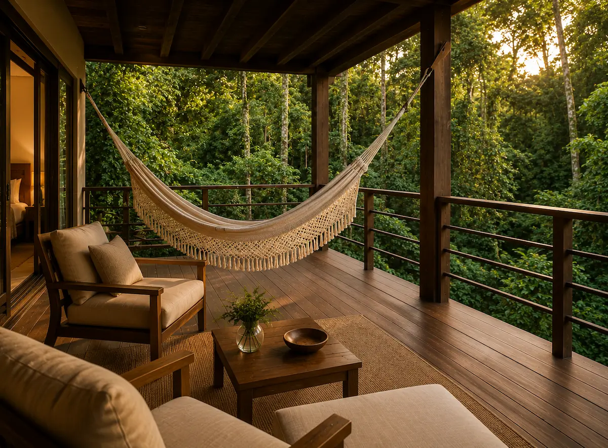 Balcón suite Ejecutiva con hamaca paraguaya y sillones - Hotel Yaguas