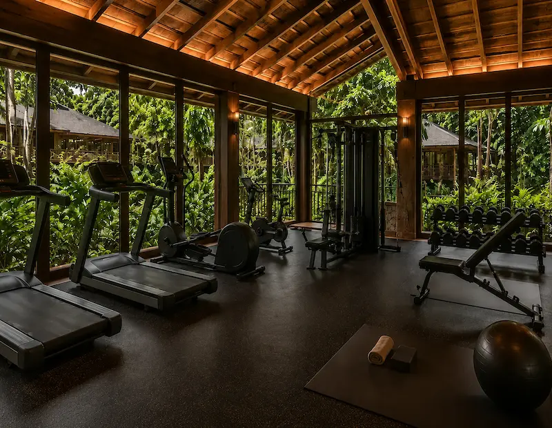 Gimnasio equipado del Hotel Yaguas con vista a la selva misionera