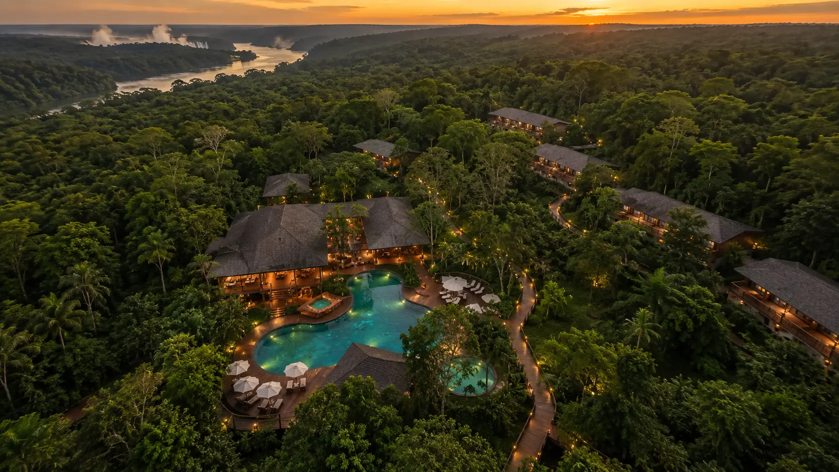 Vista aérea de Hotel Yaguas rodeado de selva misionera en Puerto Iguazú