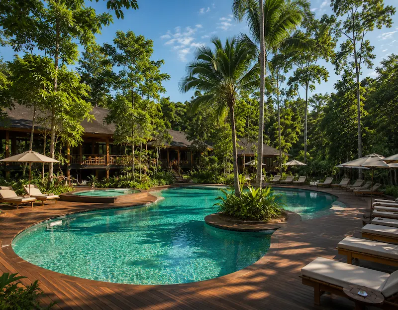 Piscina principal del Hotel Yaguas con deck de madera y selva misionera al fondo