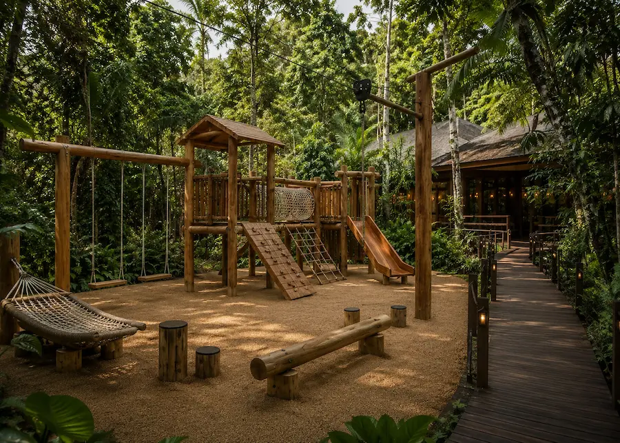 Playground exterior con tirolesa, hamacas y trepadores en entorno selvático - Hotel Yaguas